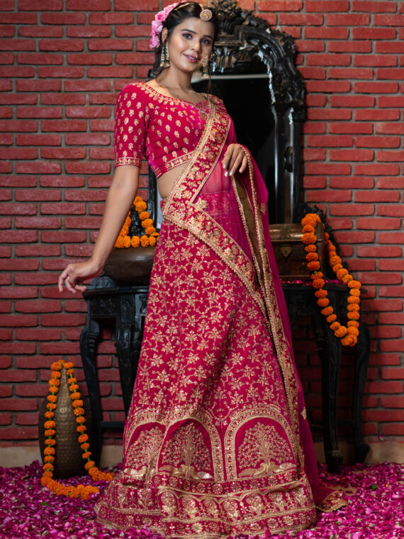 Carrot Pink Silk and Net Short Choli Lehenga WJ76824